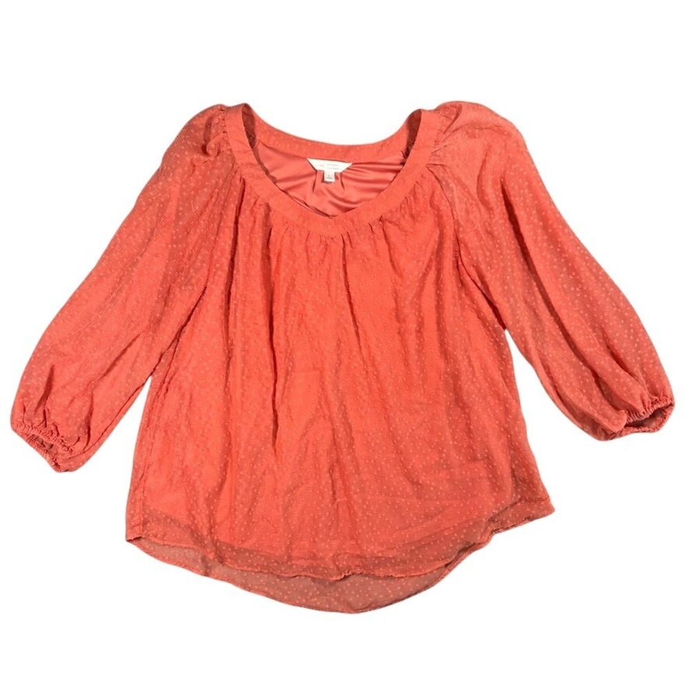 Lauren Conrad Coral Orange Clip Dot Peasant Blouse 3/4 Balloon‎ Sleeve Large